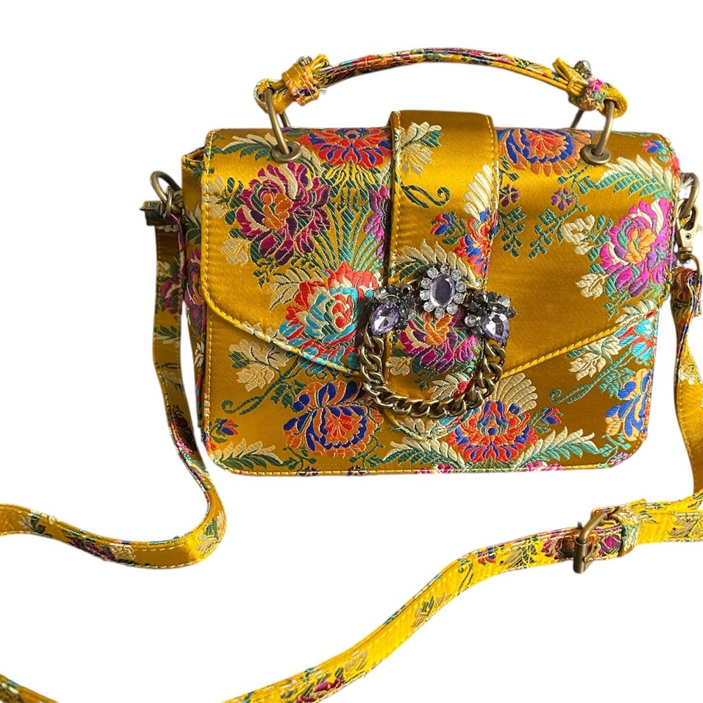 ALDO Telawen handbag Yellow Floral Embroidered Satin Crossbody Bag - Picture 2 of 9